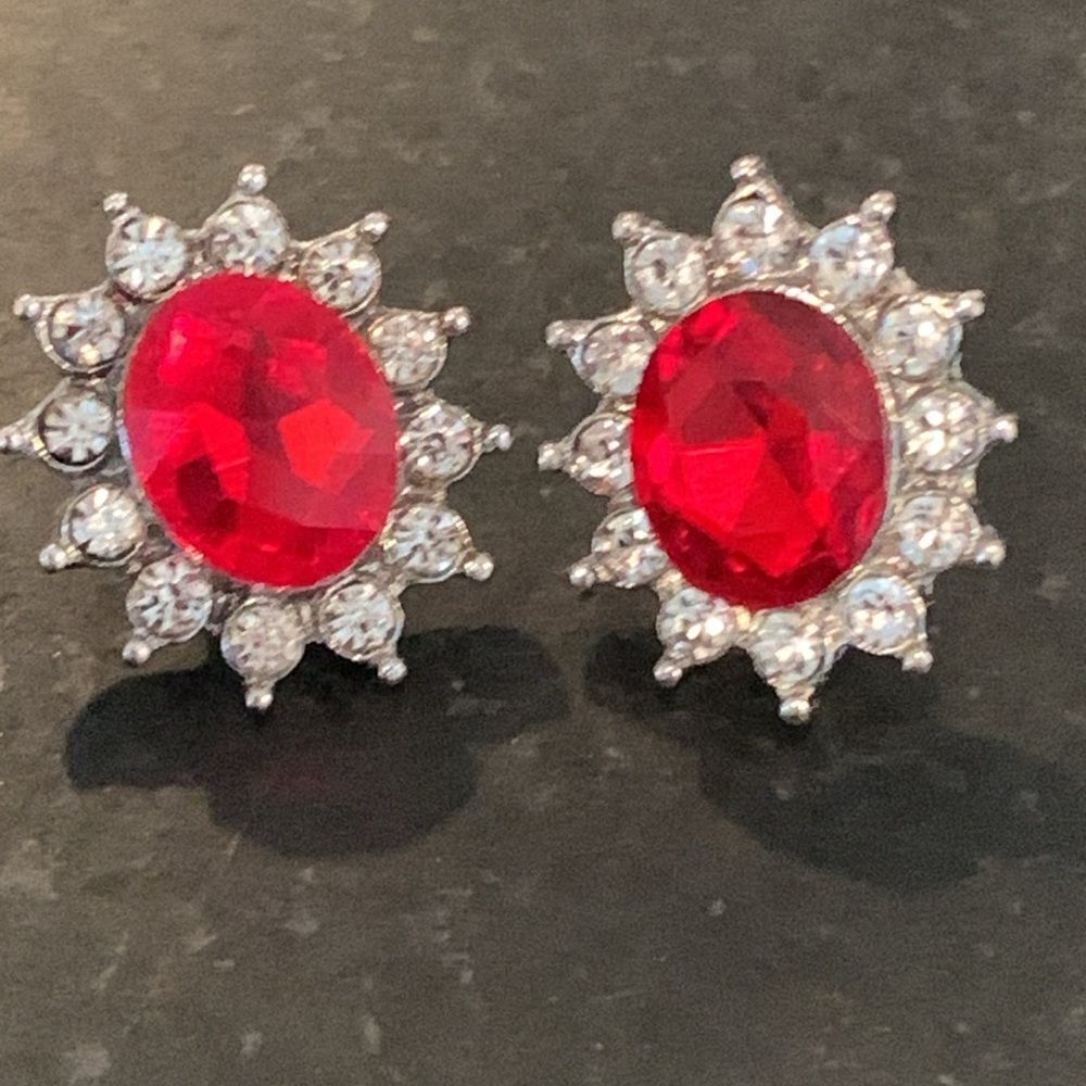 Ruby Red Oval Stud Earrings with Crystal Halo, Silver Tone